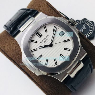 PPF V4 Replica Patek Philippe Nautilus White Dial Black Leather Strap Watch